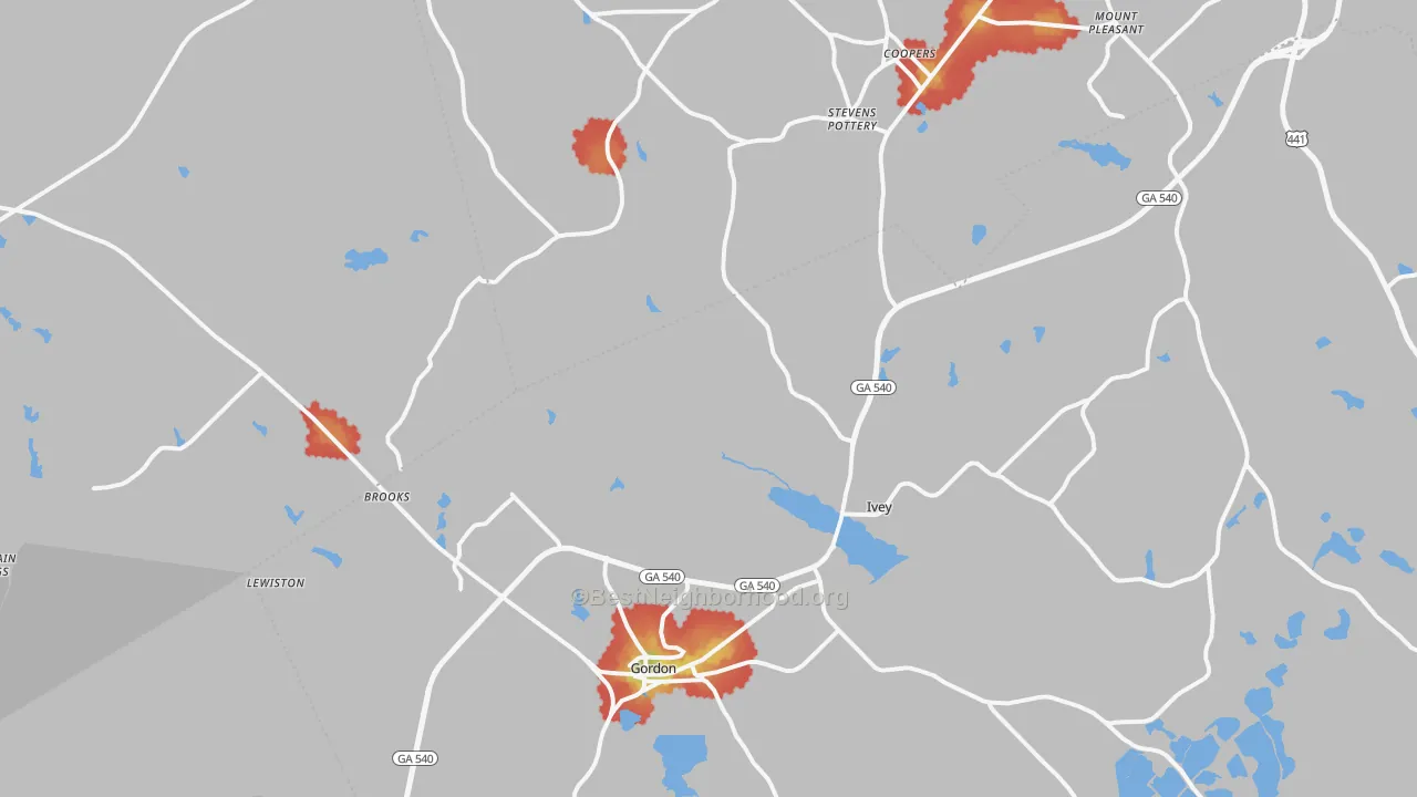 Walk Grade map of Gordon, GA, walkable areas in green and car-dependent areas in red