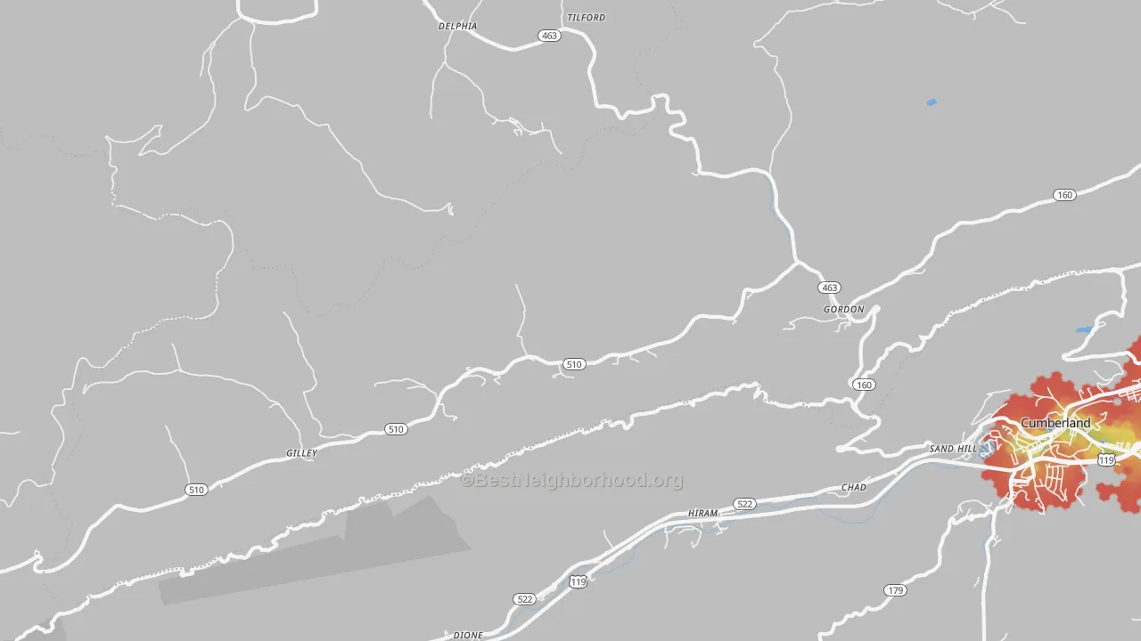 Walk Grade map of Gordon, KY, walkable areas in green and car-dependent areas in red