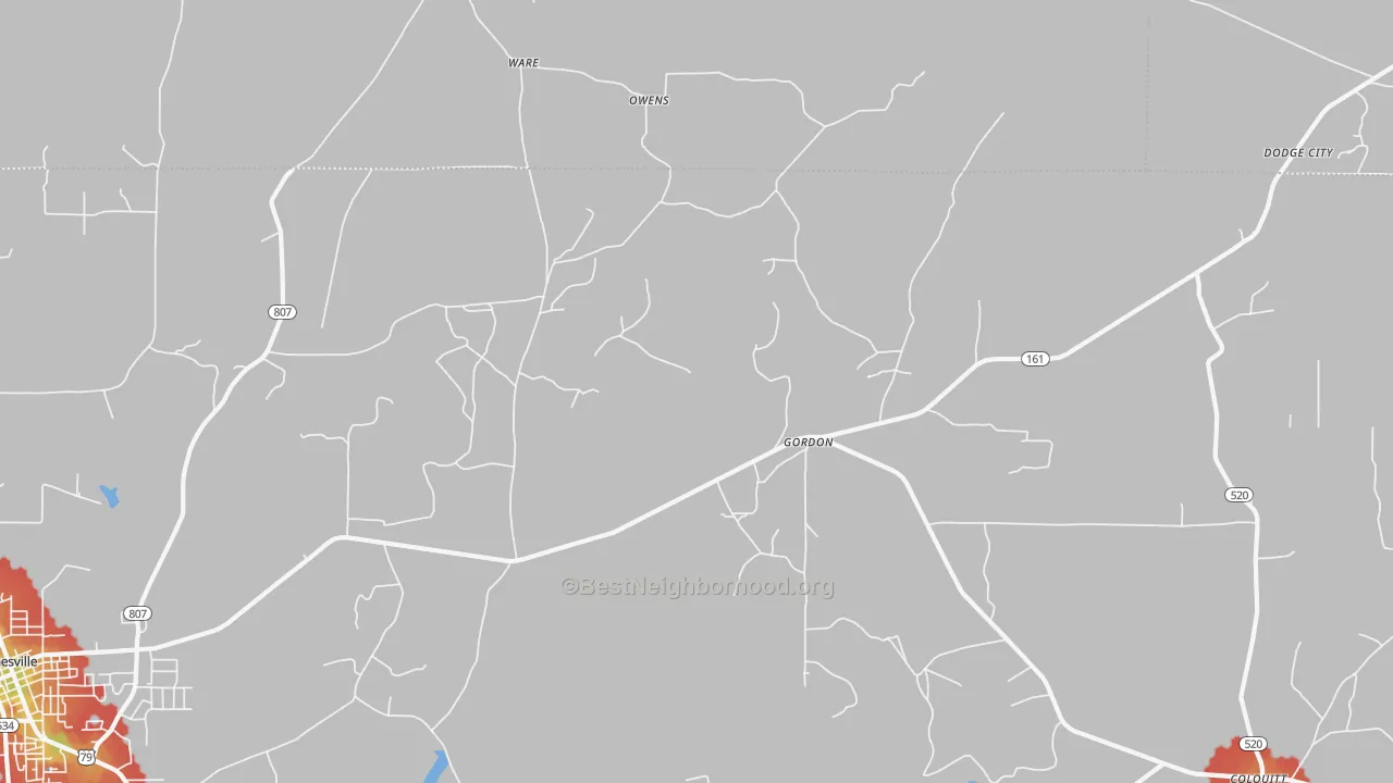 Walk Grade map of Gordon, LA, walkable areas in green and car-dependent areas in red