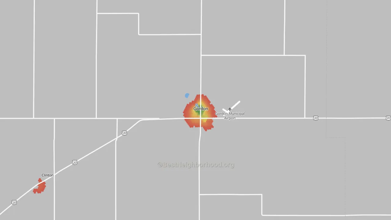 Walk Grade map of Gordon, NE, walkable areas in green and car-dependent areas in red