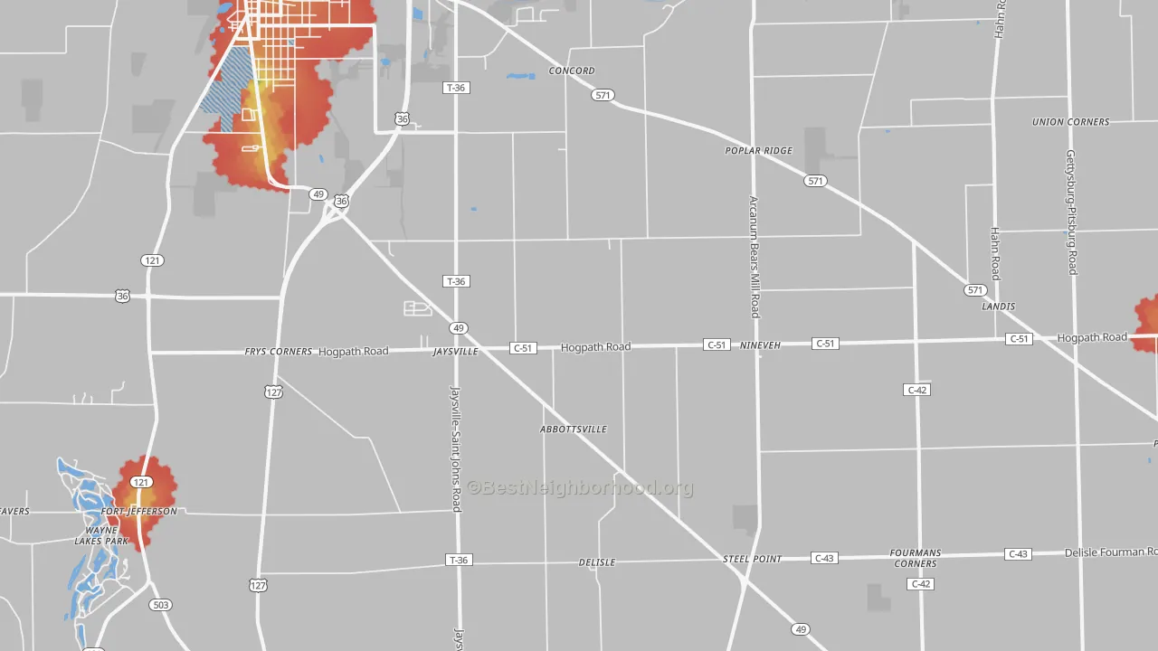 Walk Grade map of Gordon, OH, walkable areas in green and car-dependent areas in red