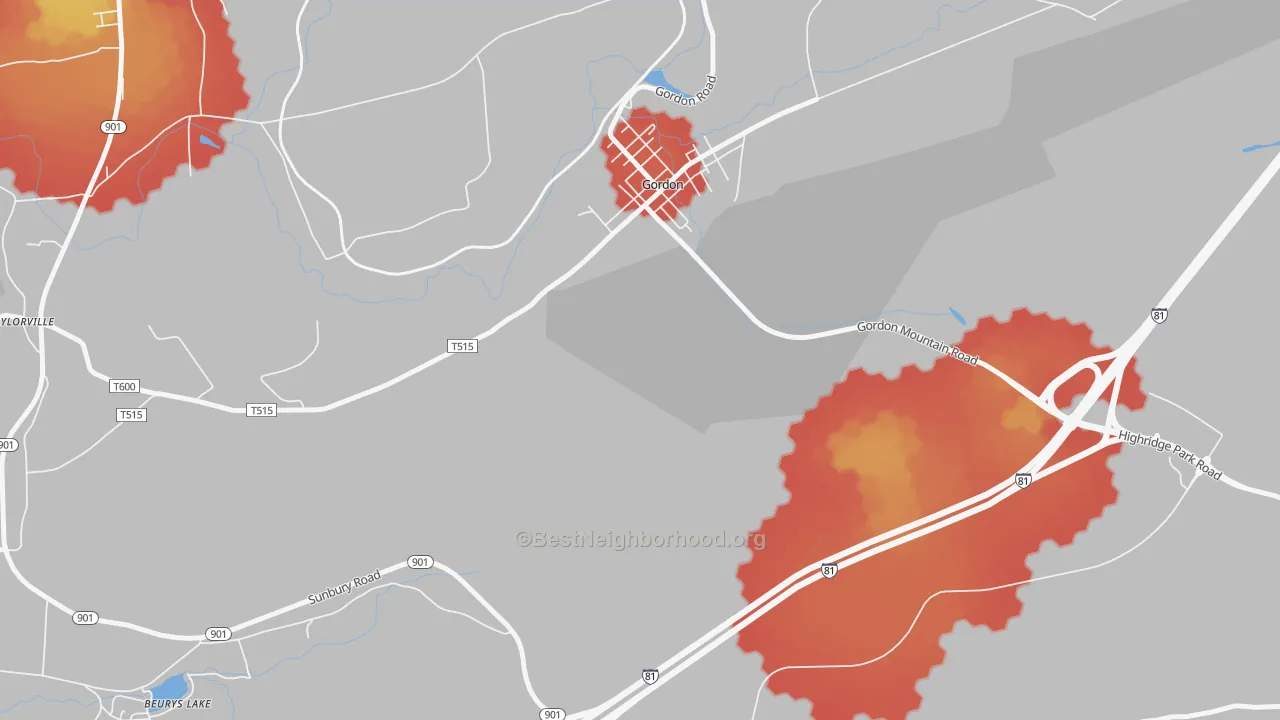 Walk Grade map of Gordon, PA, walkable areas in green and car-dependent areas in red