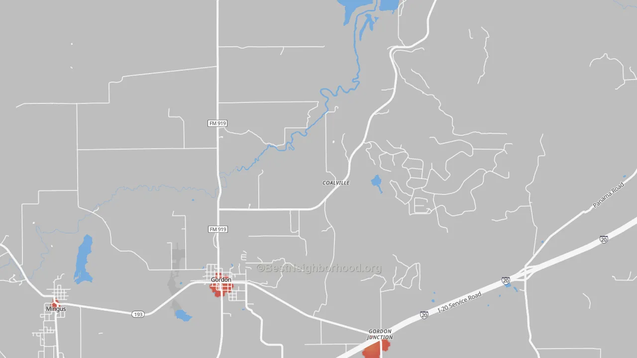 Walk Grade map of Gordon, TX, walkable areas in green and car-dependent areas in red