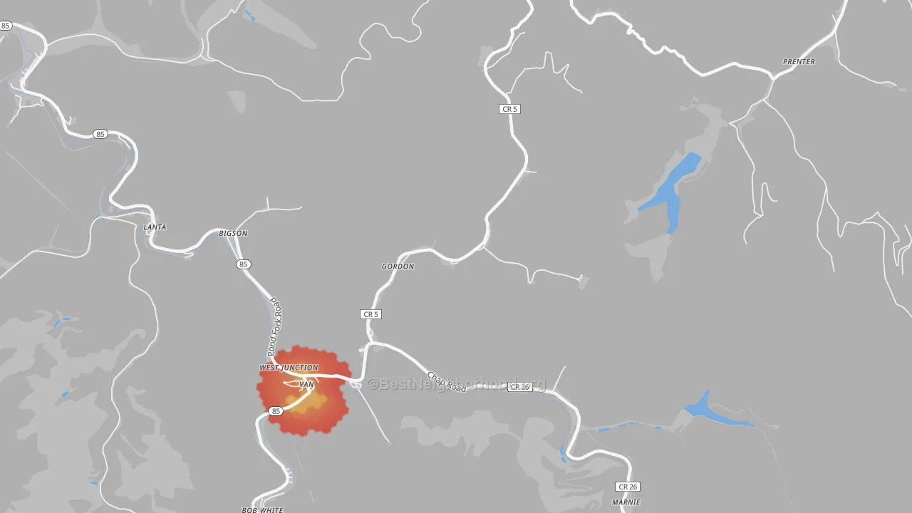 Walk Grade map of Gordon, WV, walkable areas in green and car-dependent areas in red