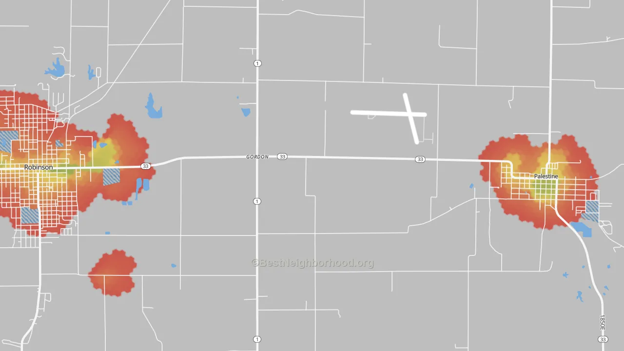 Walk Grade map of Gordons, IL, walkable areas in green and car-dependent areas in red