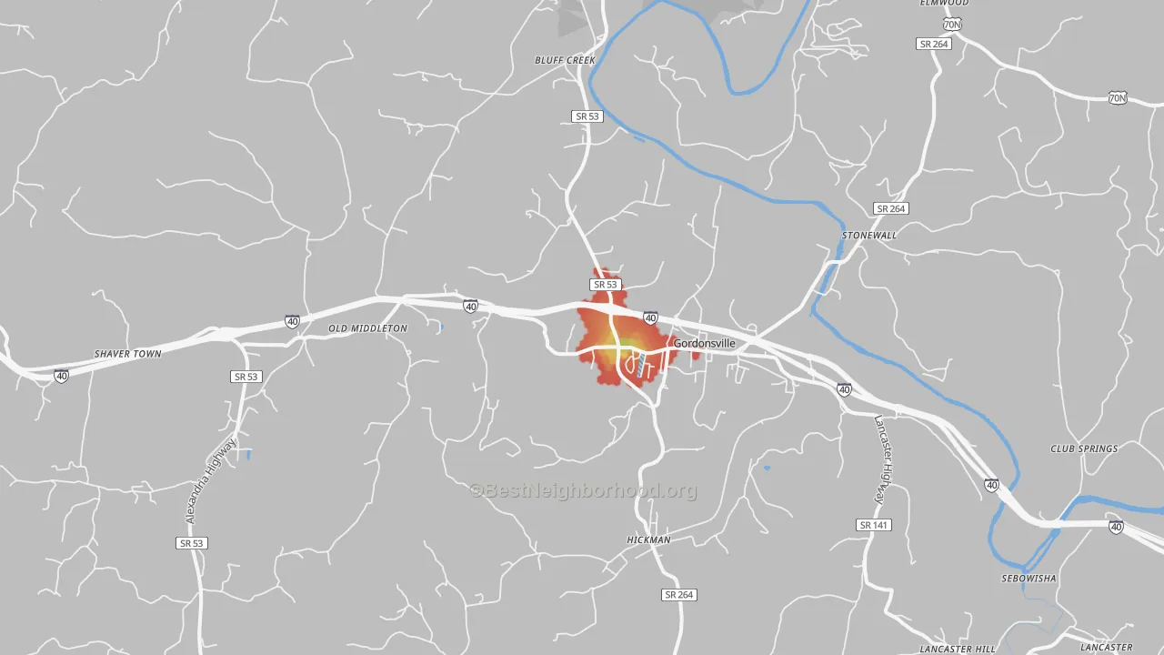 Walk Grade map of Gordonsville, TN, walkable areas in green and car-dependent areas in red