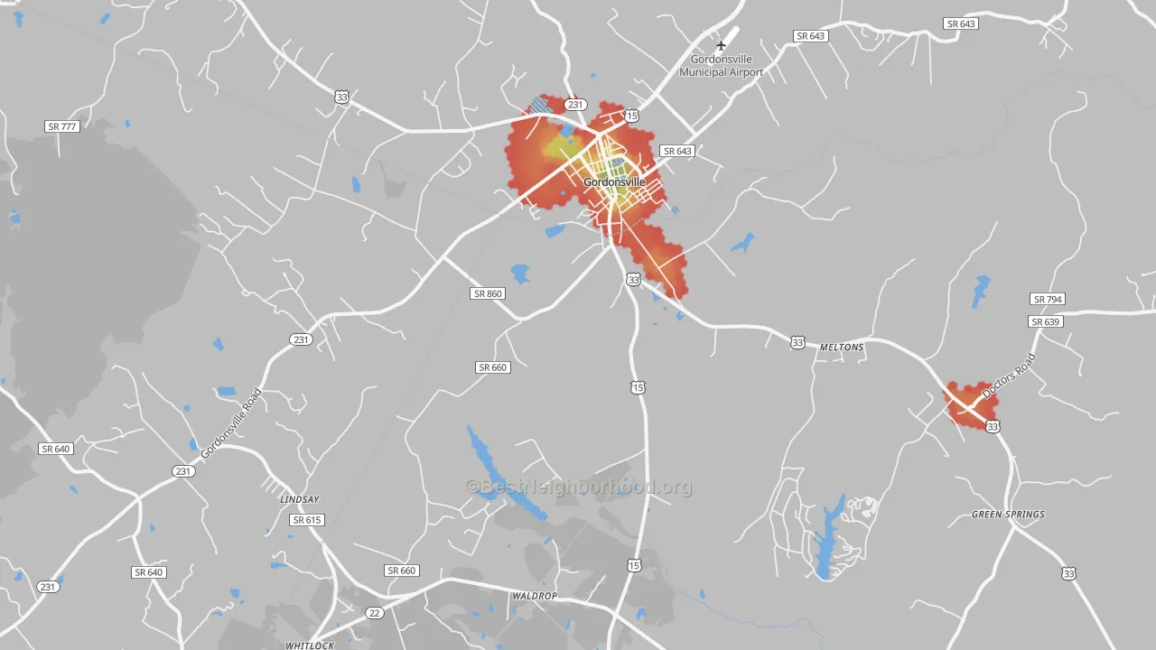Walk Grade map of Gordonsville, VA, walkable areas in green and car-dependent areas in red