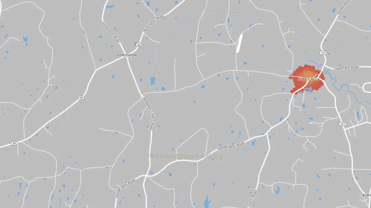 Walk Grade map of Gordonton, NC, walkable areas in green and car-dependent areas in red