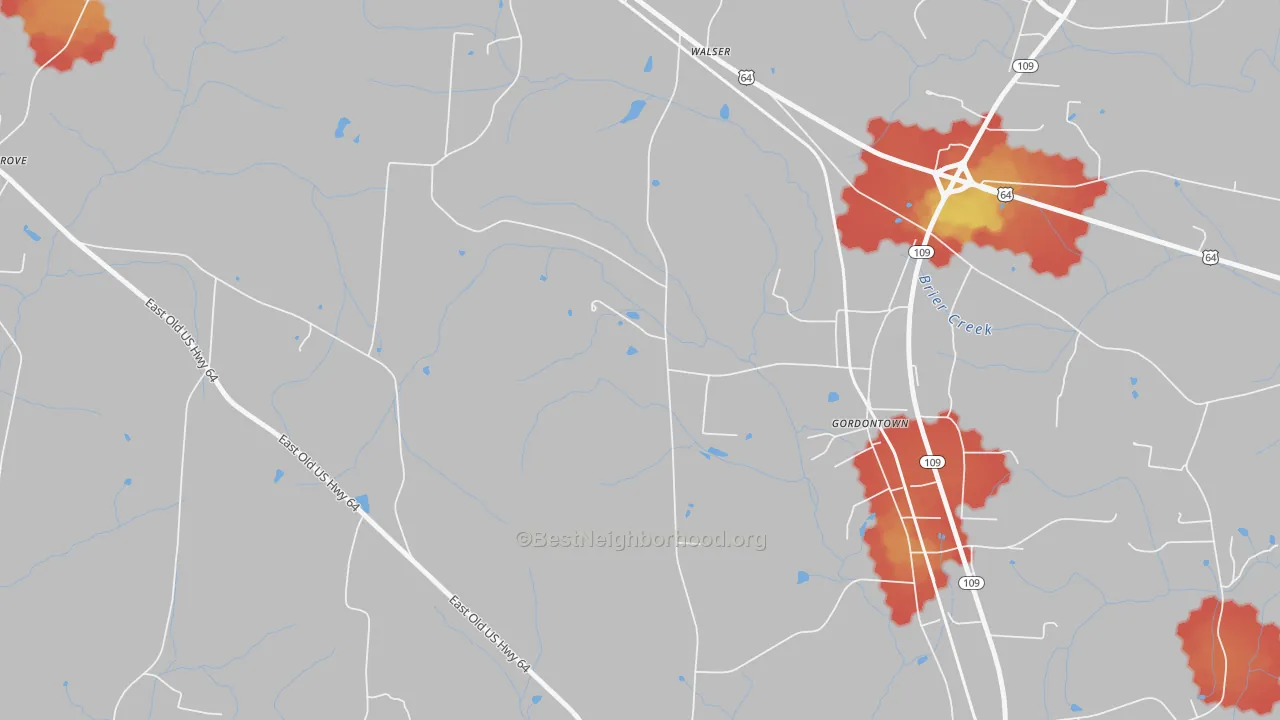 Walk Grade map of Gordontown, NC, walkable areas in green and car-dependent areas in red