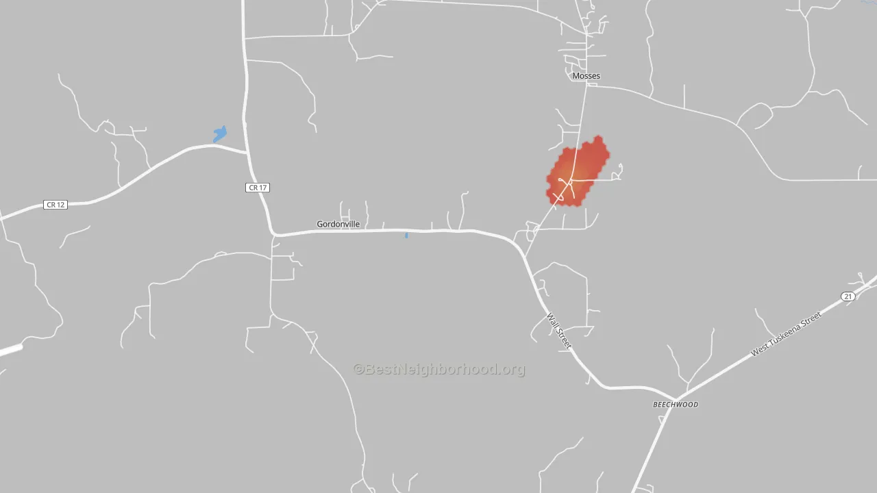 Walk Grade map of Gordonville, AL, walkable areas in green and car-dependent areas in red