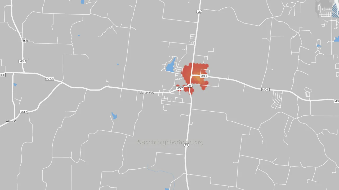 Walk Grade map of Gordonville, MO, walkable areas in green and car-dependent areas in red