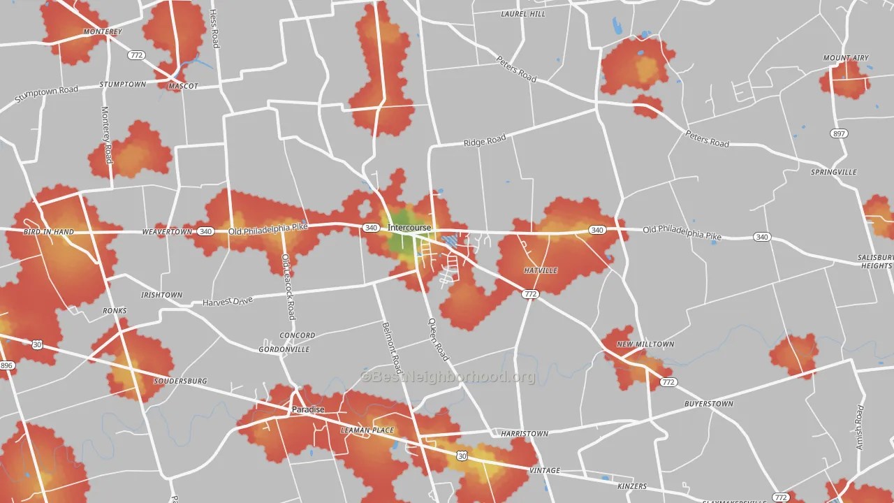 Walk Grade map of Gordonville, PA, walkable areas in green and car-dependent areas in red