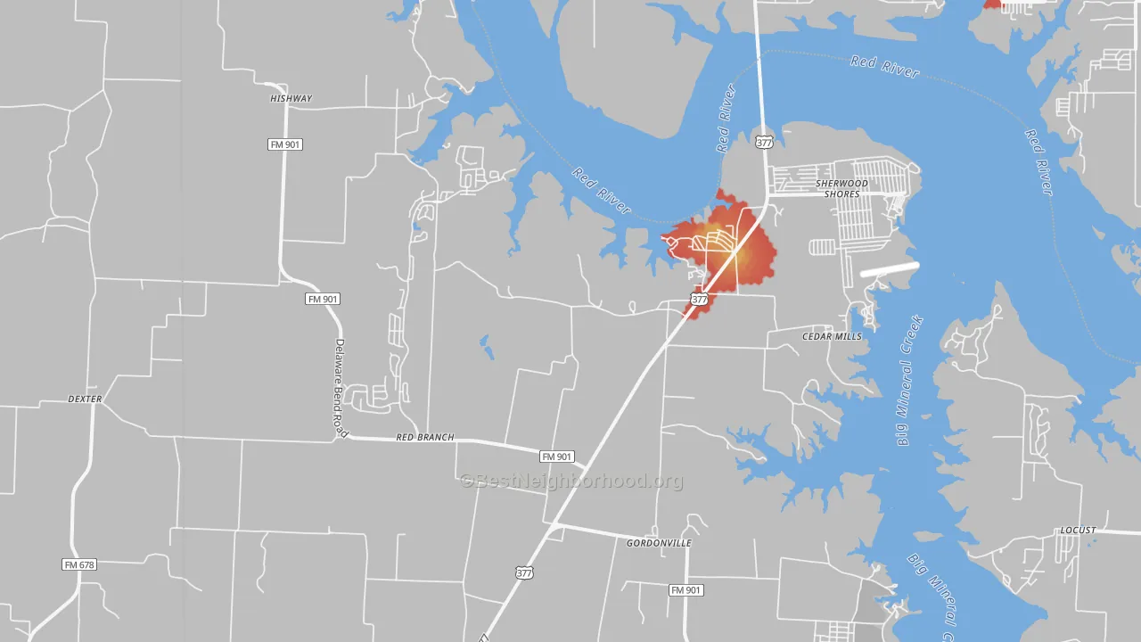 Walk Grade map of Gordonville, TX, walkable areas in green and car-dependent areas in red