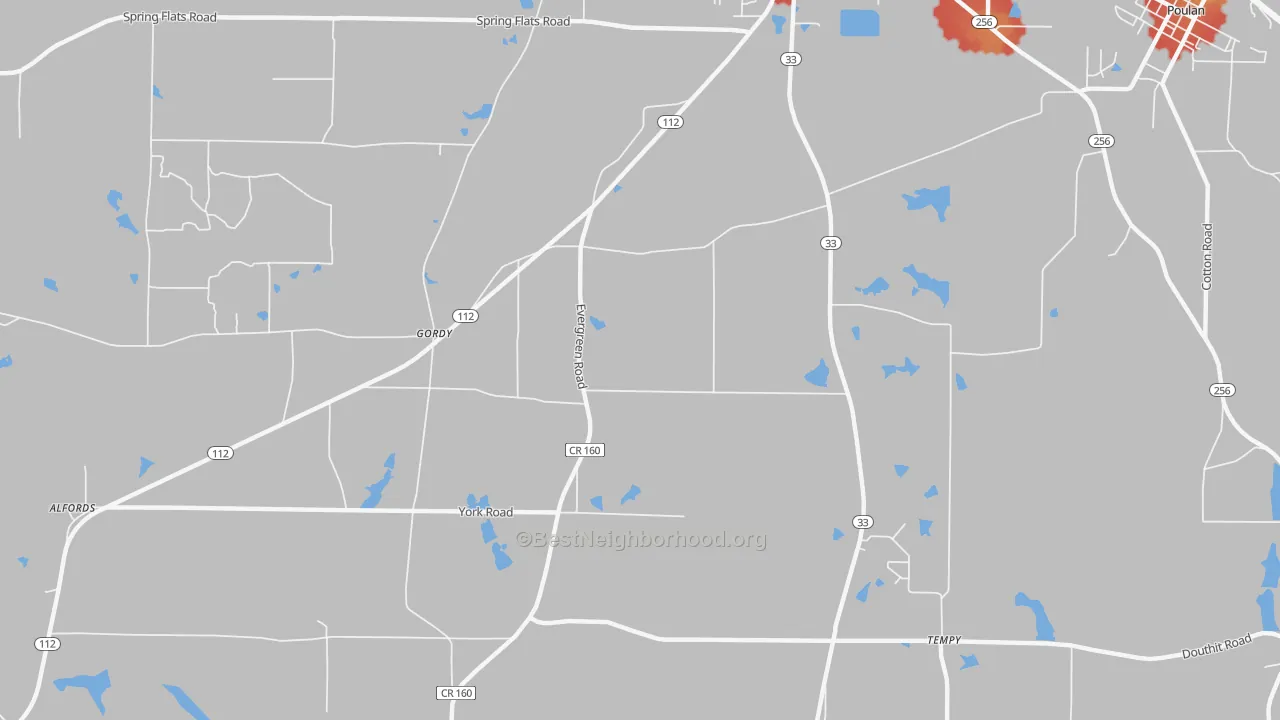 Walk Grade map of Gordy, GA, walkable areas in green and car-dependent areas in red
