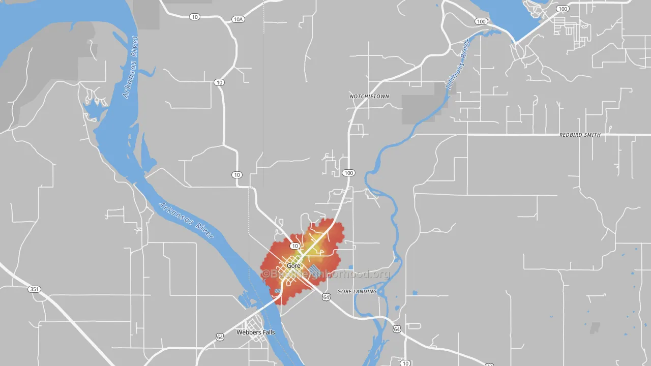 Walk Grade map of Gore, OK, walkable areas in green and car-dependent areas in red