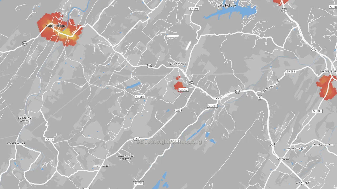 Walk Grade map of Gore, VA, walkable areas in green and car-dependent areas in red
