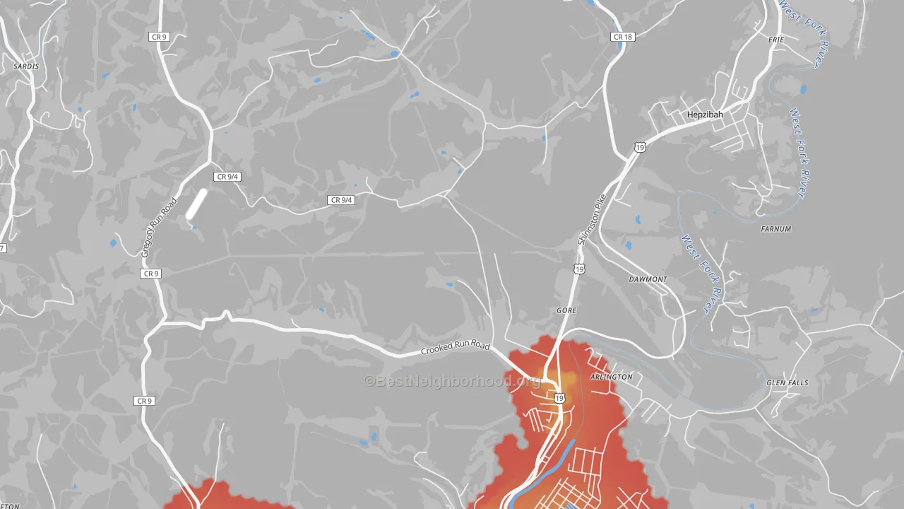 Walk Grade map of Gore, WV, walkable areas in green and car-dependent areas in red