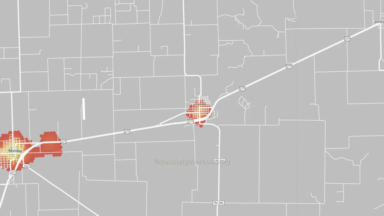 Walk Grade map of Goree, TX, walkable areas in green and car-dependent areas in red
