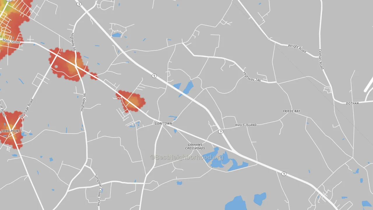 Walk Grade map of Goretown, SC, walkable areas in green and car-dependent areas in red