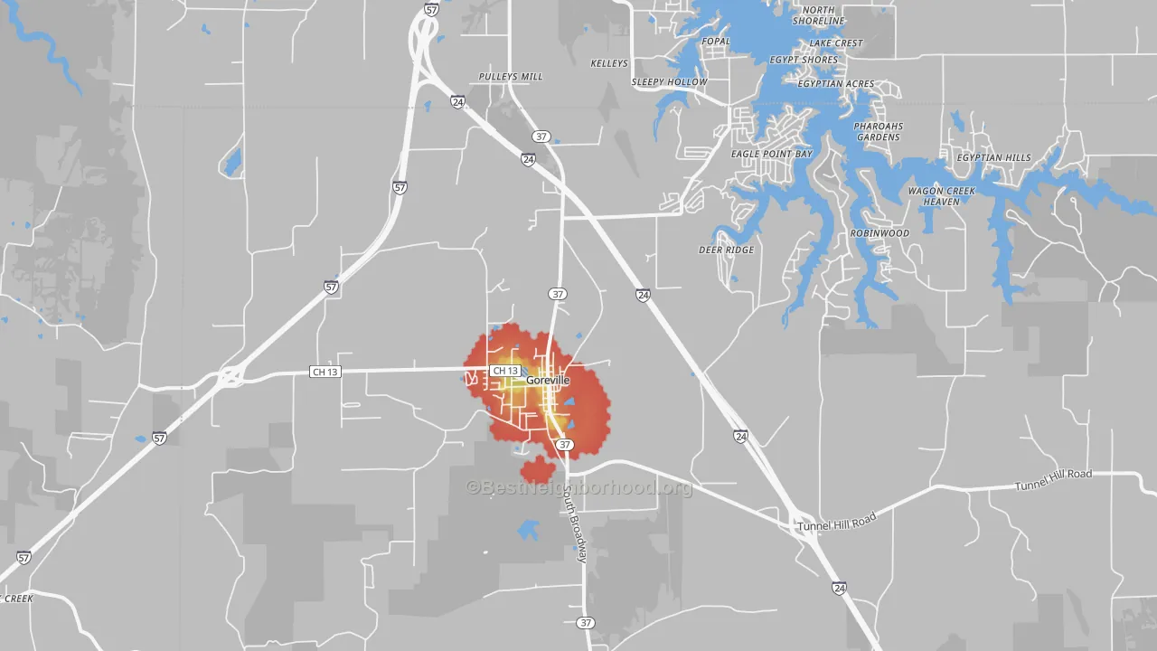 Walk Grade map of Goreville, IL, walkable areas in green and car-dependent areas in red