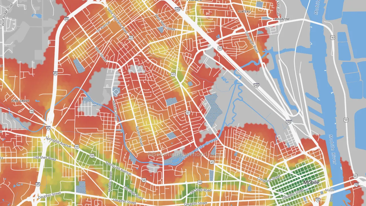 Walk Grade map of Gorgas, Mobile, AL, walkable areas in green and car-dependent areas in red