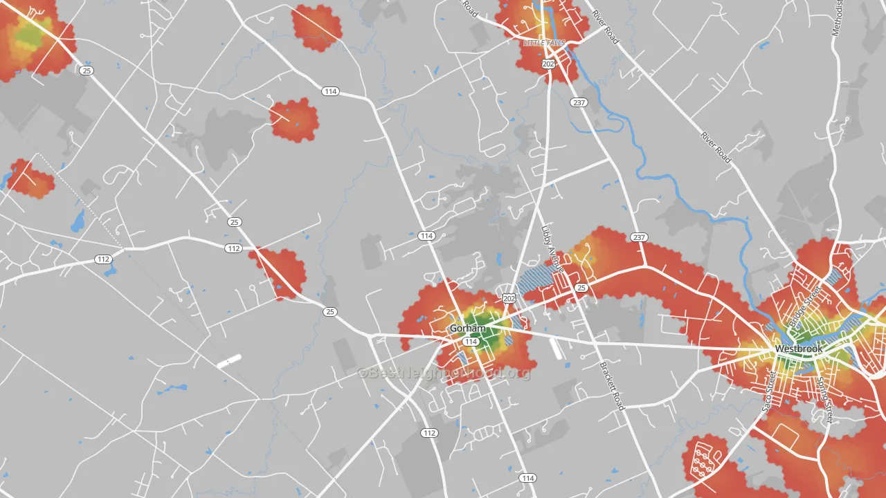 Walk Grade map of Gorham, ME, walkable areas in green and car-dependent areas in red