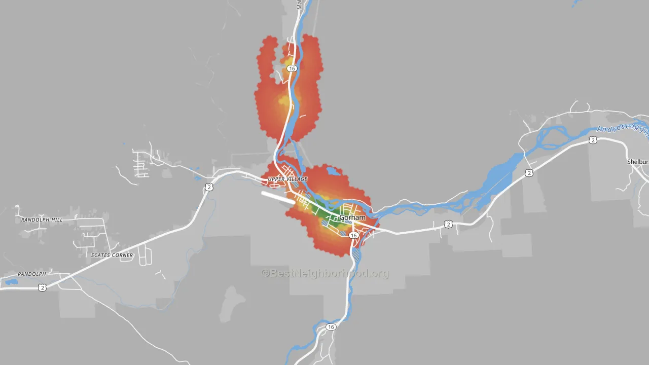 Walk Grade map of Gorham, NH, walkable areas in green and car-dependent areas in red