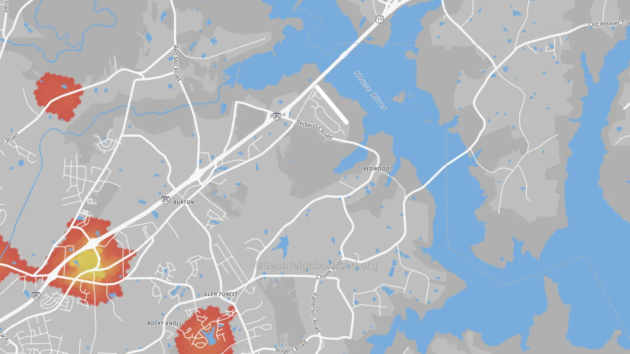 Walk Grade map of Gorman, NC, walkable areas in green and car-dependent areas in red