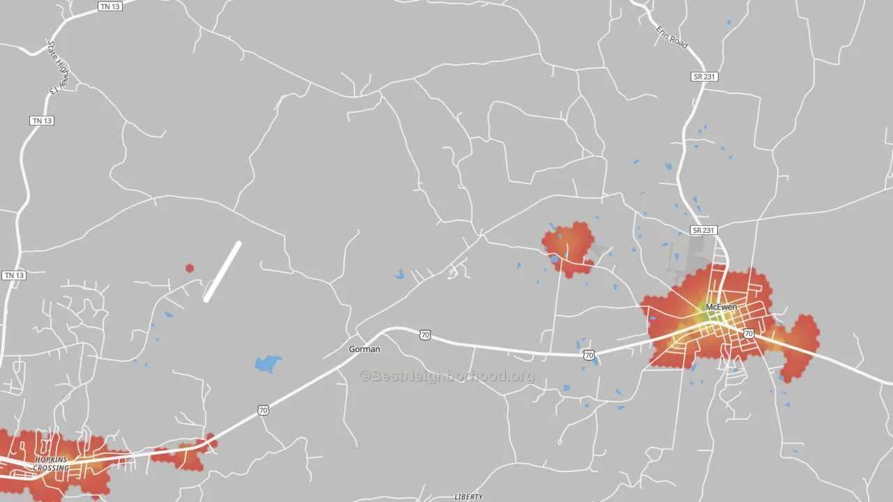 Walk Grade map of Gorman, TN, walkable areas in green and car-dependent areas in red