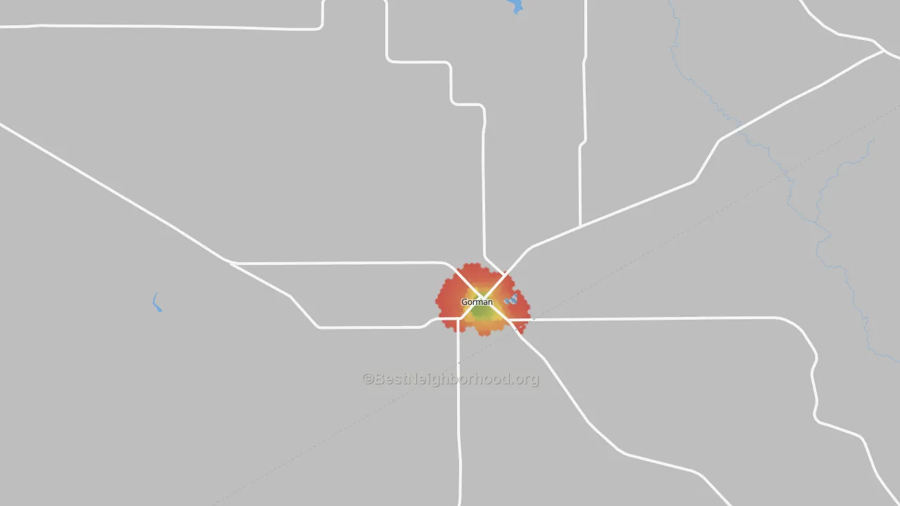 Walk Grade map of Gorman, TX, walkable areas in green and car-dependent areas in red