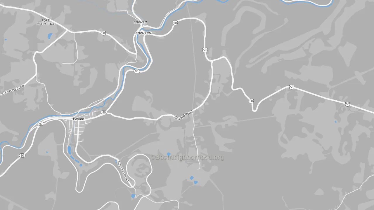 Walk Grade map of Gormania, WV, walkable areas in green and car-dependent areas in red