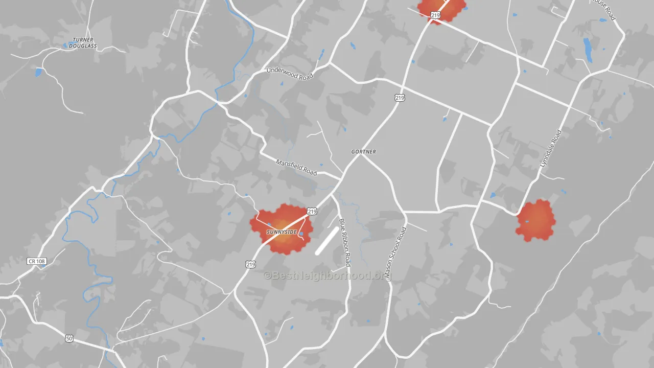 Walk Grade map of Gortner, MD, walkable areas in green and car-dependent areas in red