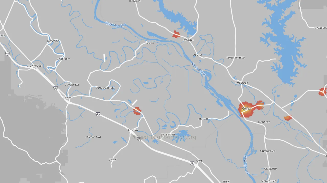 Walk Grade map of Gorum, LA, walkable areas in green and car-dependent areas in red