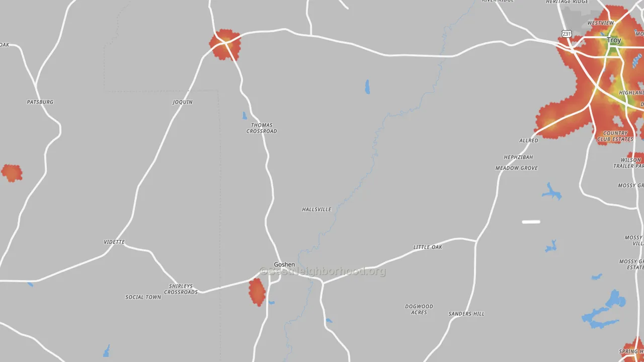 Walk Grade map of Goshen, AL, walkable areas in green and car-dependent areas in red