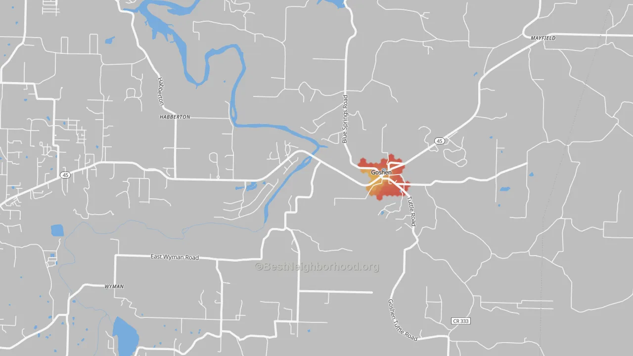 Walk Grade map of Goshen, AR, walkable areas in green and car-dependent areas in red