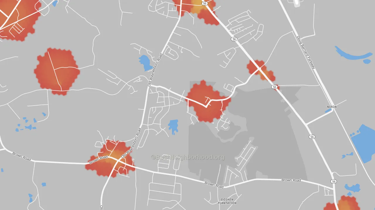 Walk Grade map of Goshen, Augusta, GA, walkable areas in green and car-dependent areas in red