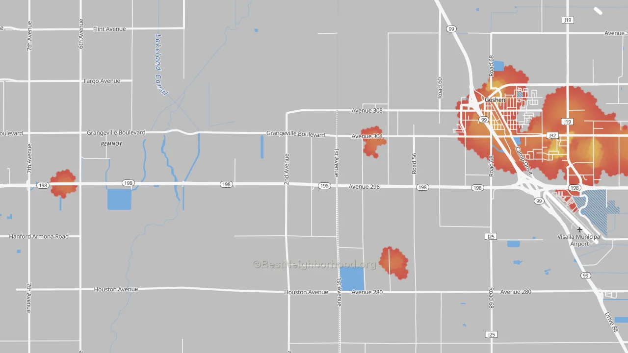 Walk Grade map of Goshen, CA, walkable areas in green and car-dependent areas in red