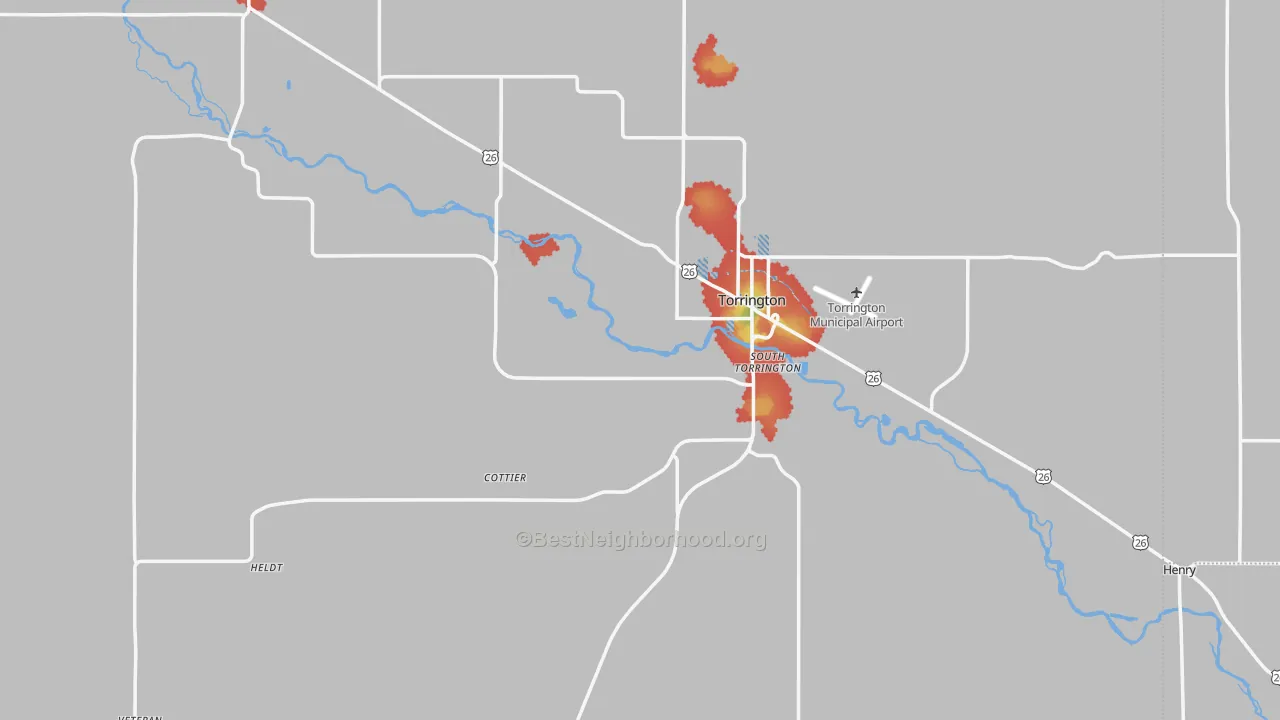 Walk Grade map of Goshen County, WY, walkable areas in green and car-dependent areas in red