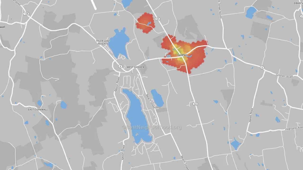 Walk Grade map of Goshen, CT, walkable areas in green and car-dependent areas in red