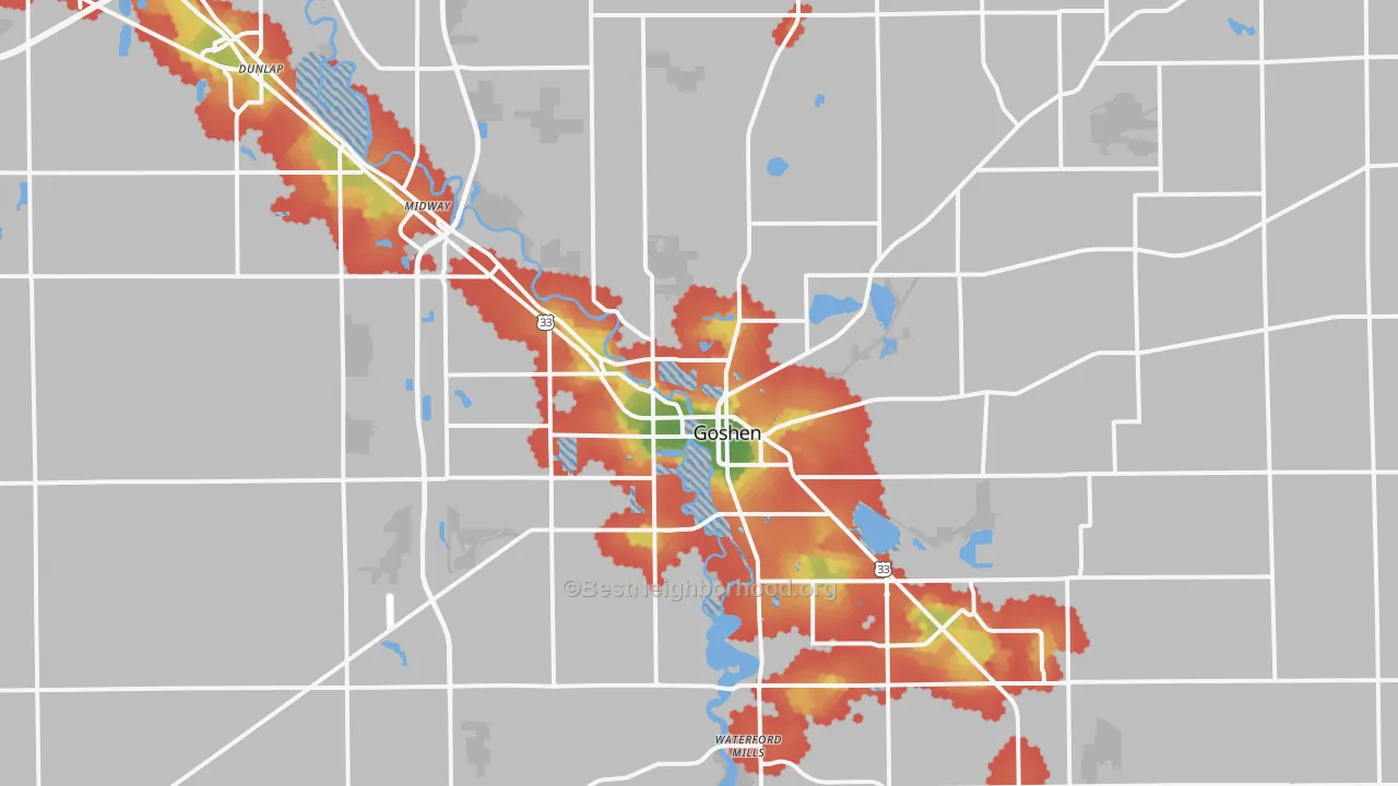 Walk Grade map of Goshen, IN, walkable areas in green and car-dependent areas in red