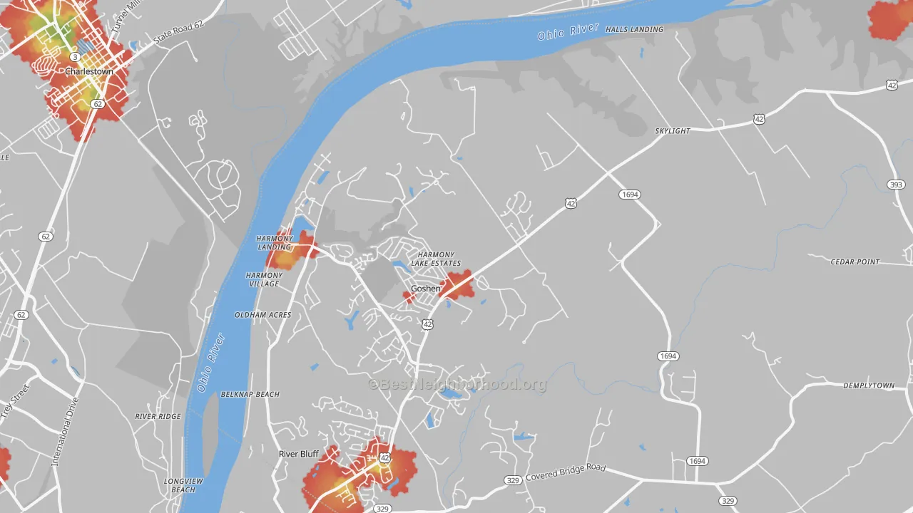 Walk Grade map of Goshen, KY, walkable areas in green and car-dependent areas in red