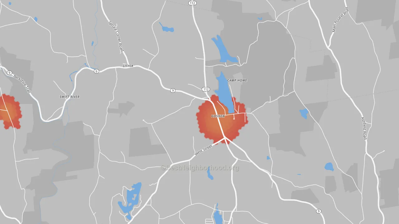 Walk Grade map of Goshen, MA, walkable areas in green and car-dependent areas in red