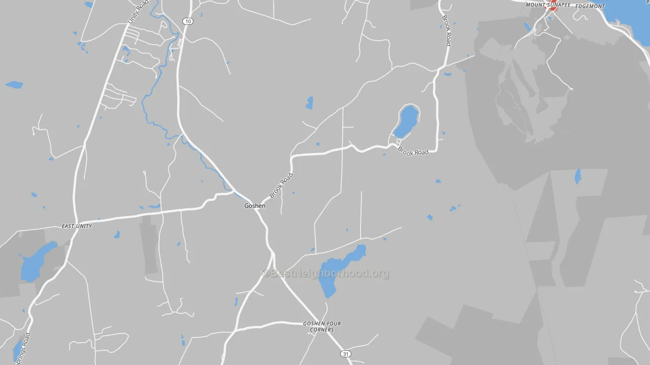 Walk Grade map of Goshen, NH, walkable areas in green and car-dependent areas in red