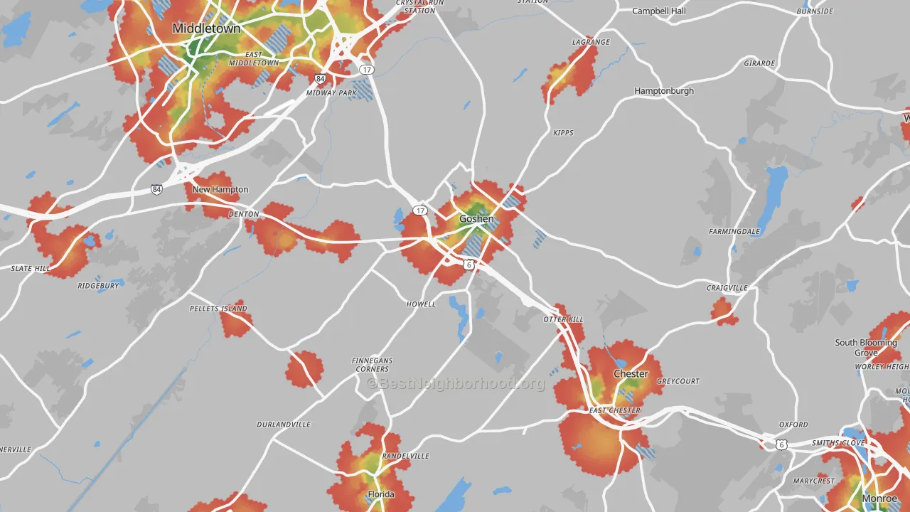 Walk Grade map of Goshen, NY, walkable areas in green and car-dependent areas in red