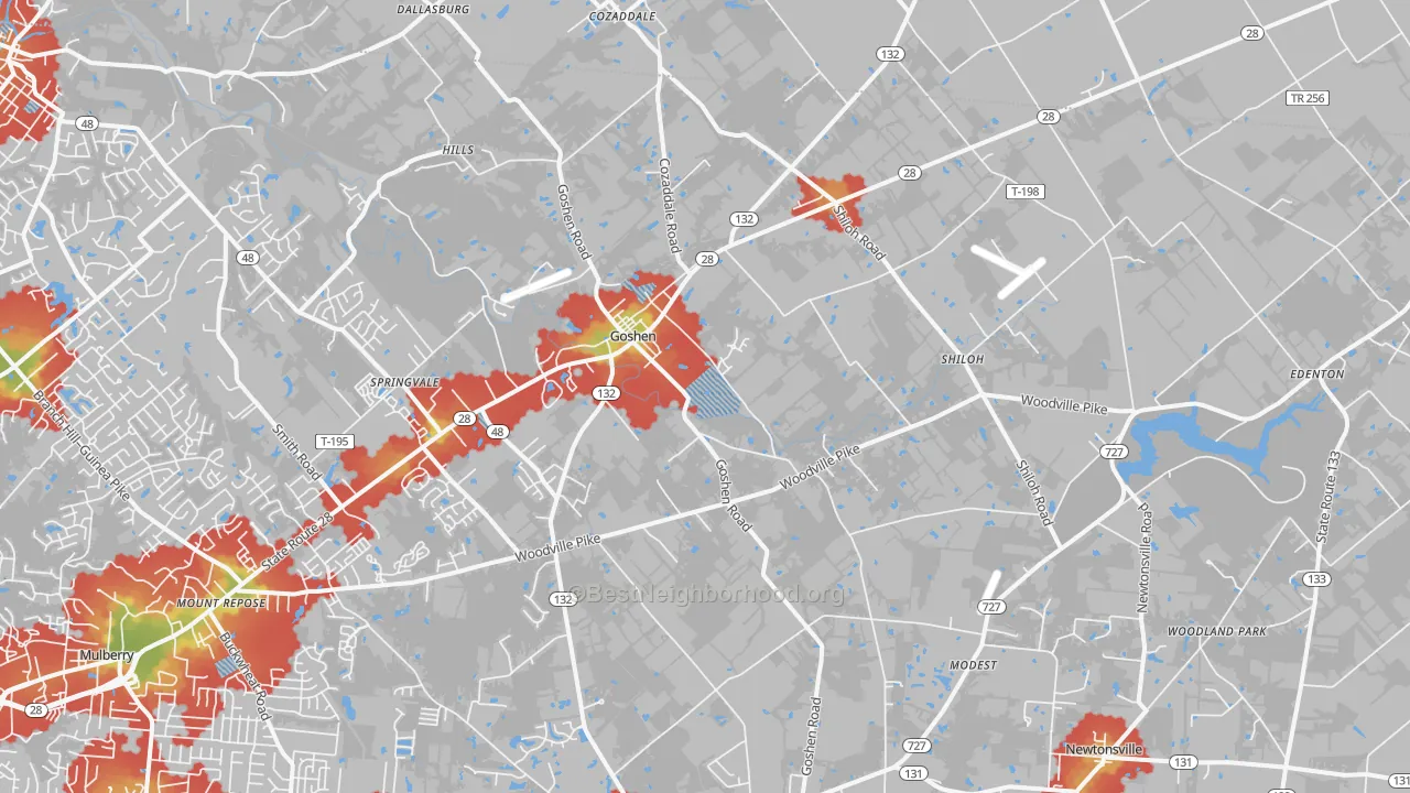 Walk Grade map of Goshen, OH, walkable areas in green and car-dependent areas in red