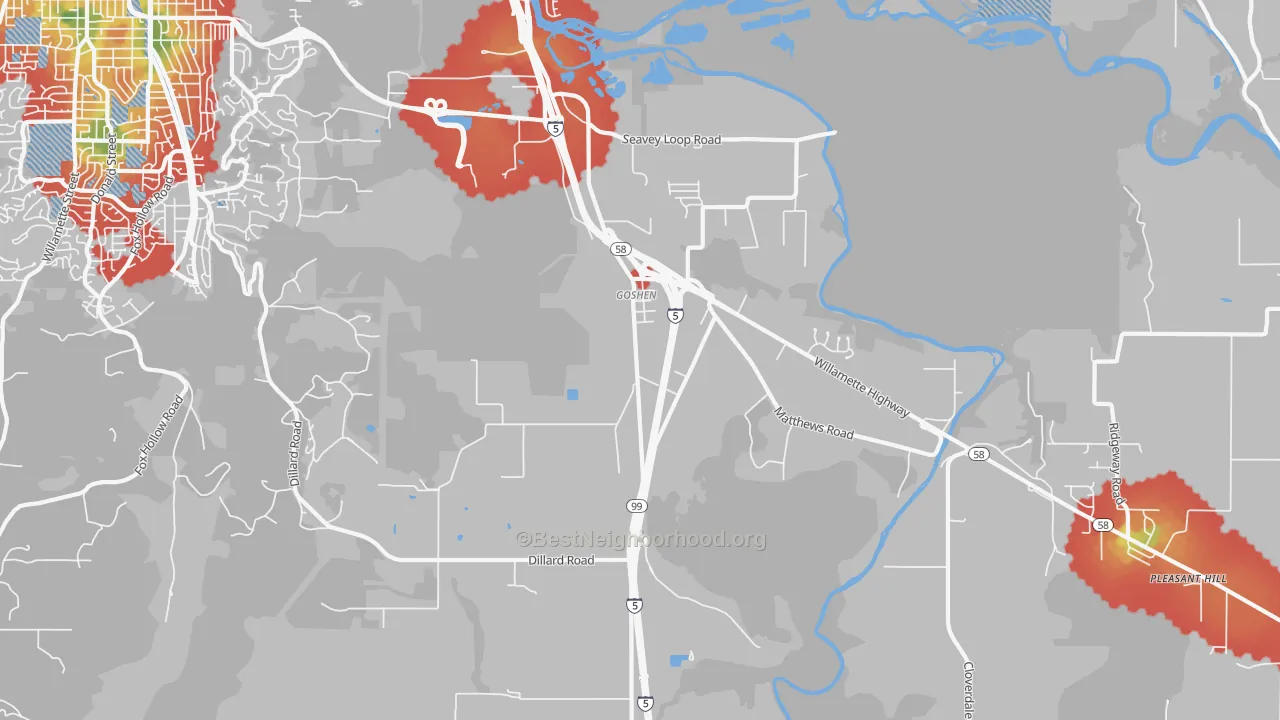 Walk Grade map of Goshen, OR, walkable areas in green and car-dependent areas in red