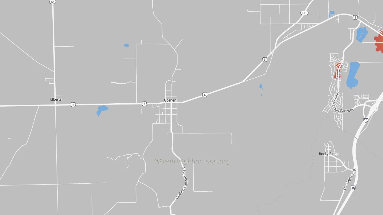 Walk Grade map of Goshen, UT, walkable areas in green and car-dependent areas in red