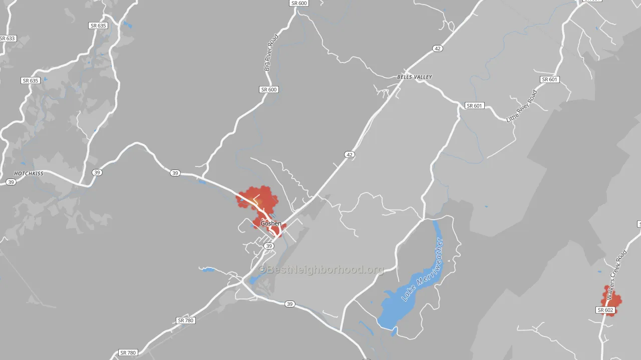 Walk Grade map of Goshen, VA, walkable areas in green and car-dependent areas in red