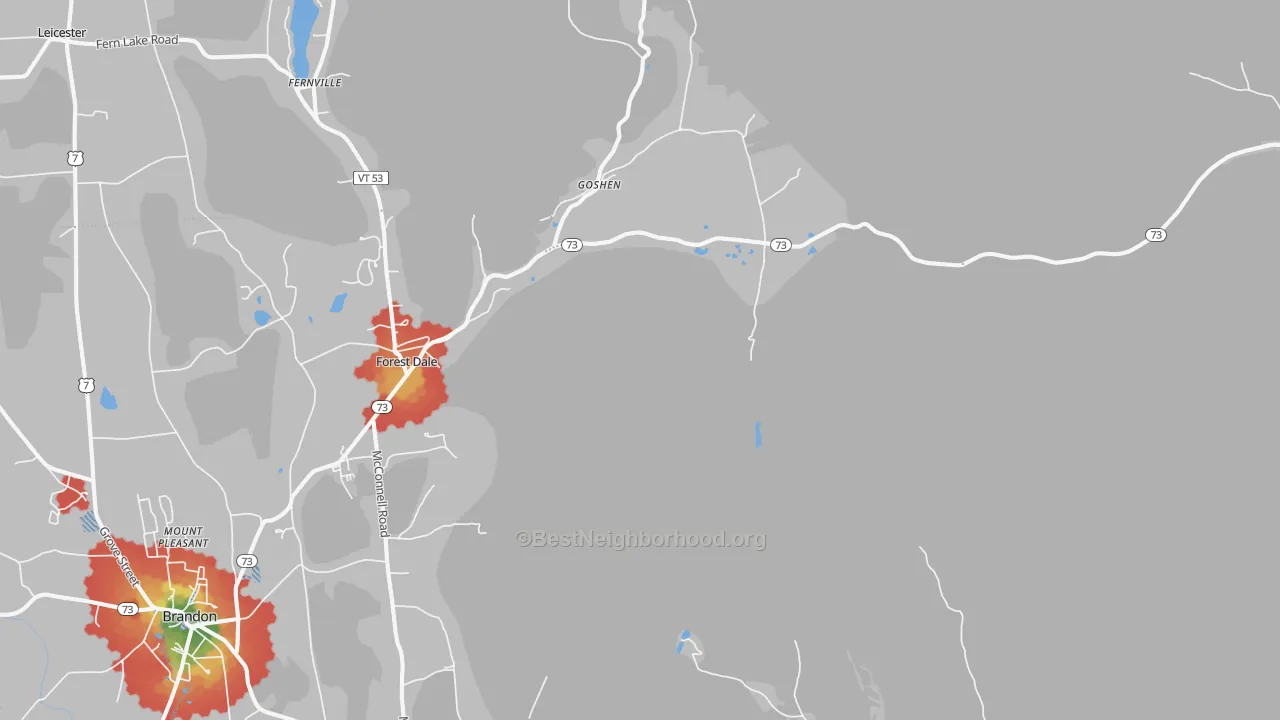 Walk Grade map of Goshen, VT, walkable areas in green and car-dependent areas in red