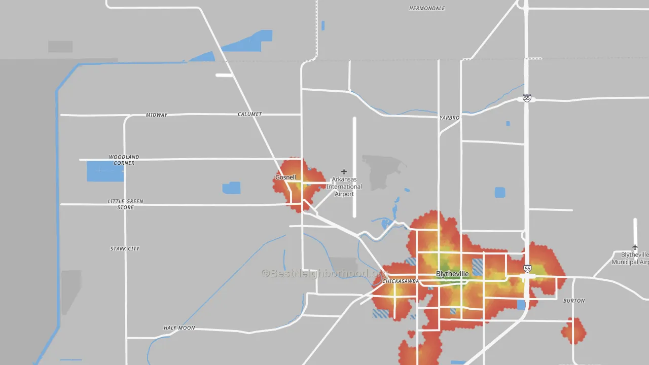 Walk Grade map of Gosnell, AR, walkable areas in green and car-dependent areas in red